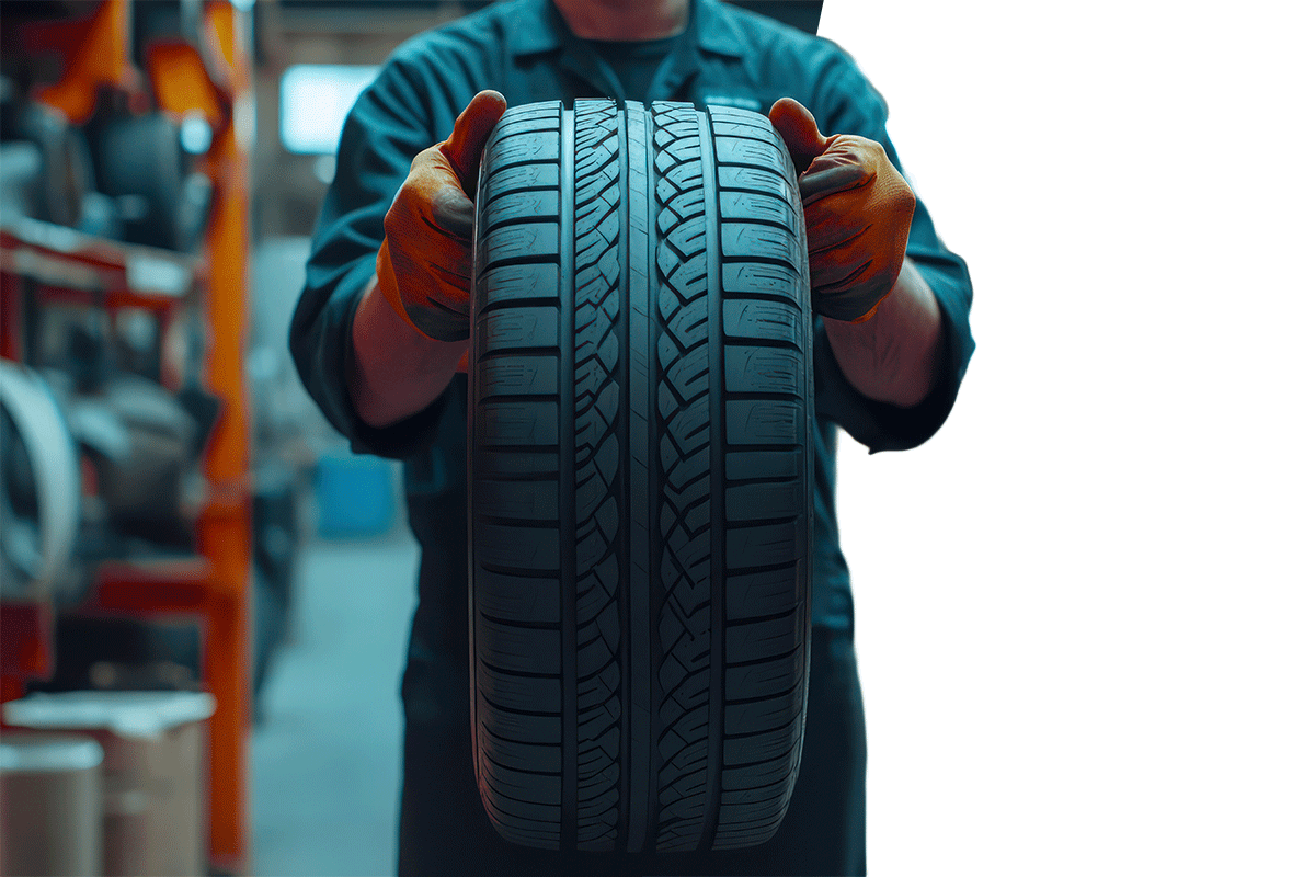 Mitarbeiter der einen Autoreifen hält